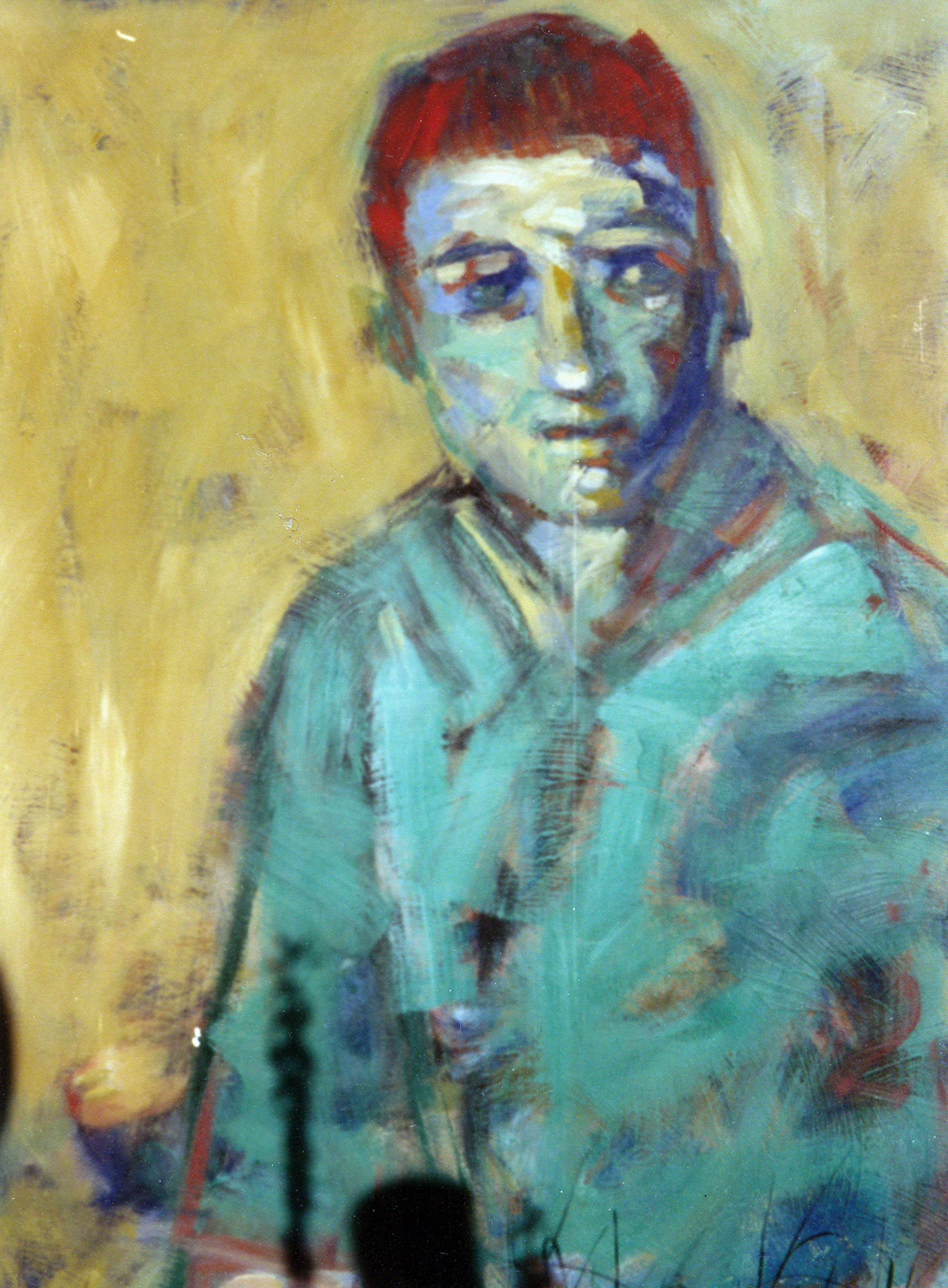 Abstract portrait of a man with a contemplative expression, painted in vibrant colors, featuring a background with shades of yellow and blue.